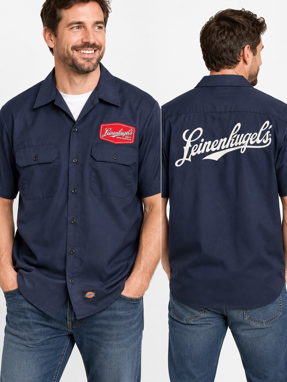 Dickies Navy Short-Sleeve Button-Up Work Shirt with White Script